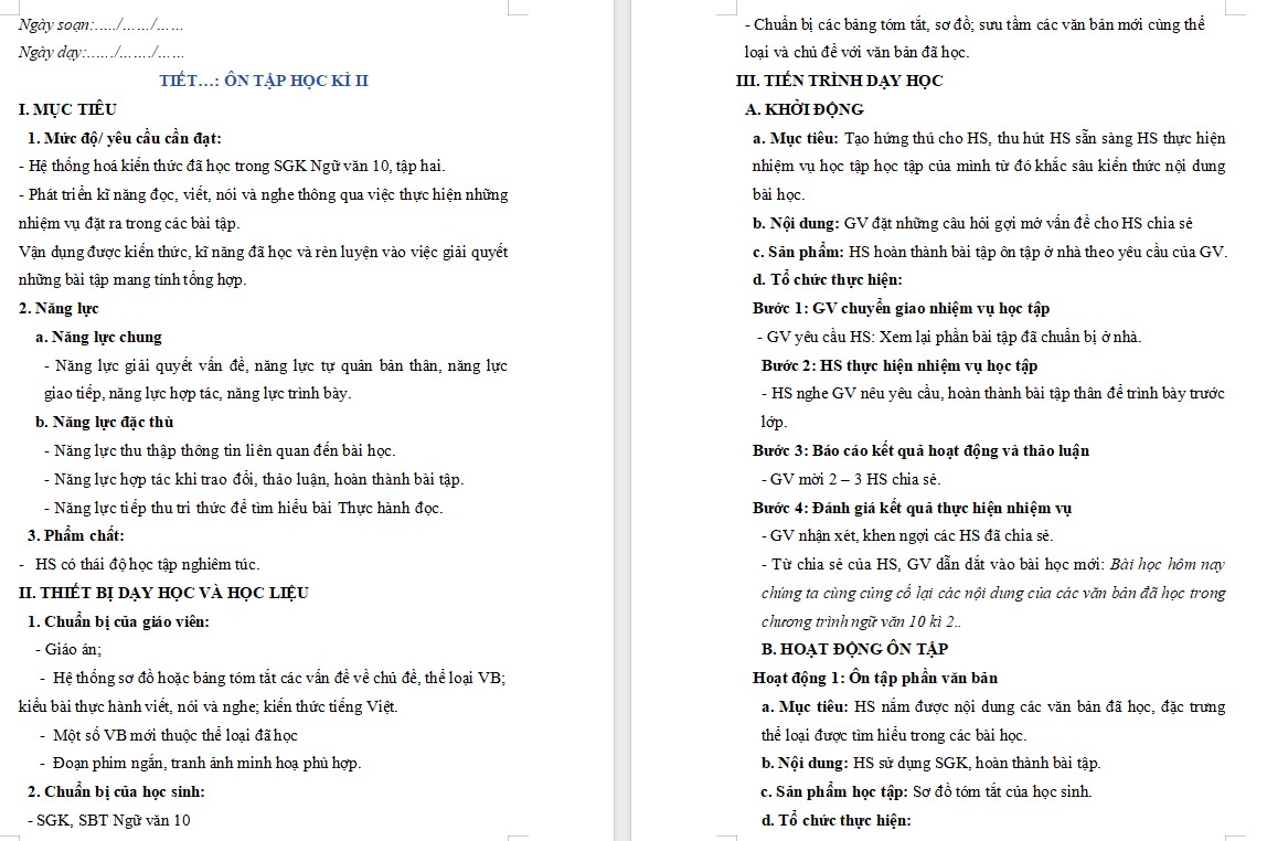 KHBD Bài Ôn tập học kì 2 Văn 10 KNTT