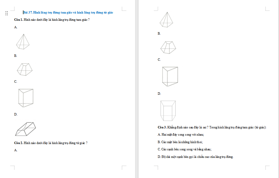 Hình lăng trụ đứng tam giác và hình lăng trụ đứng tứ giác