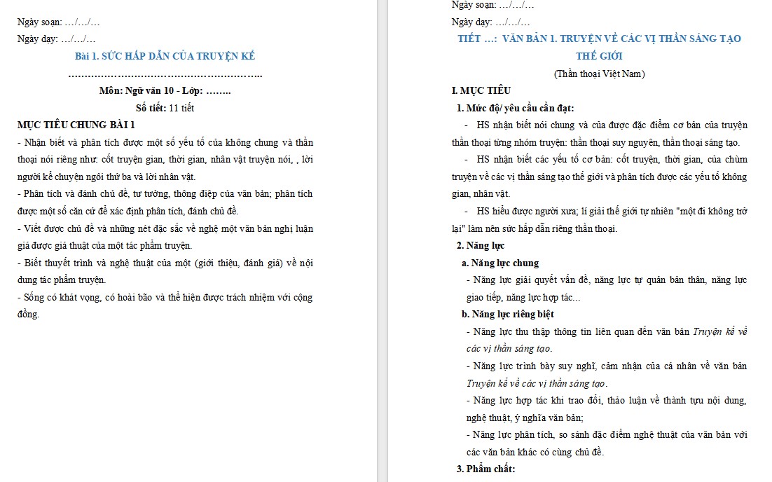 Giáo án Bài Truyện về các vị thần sáng tạo thế giới Ngữ văn 10 KNTT