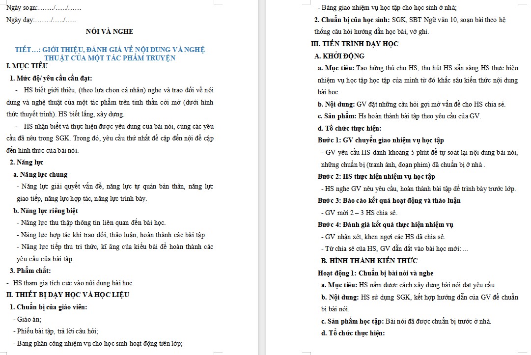 Giáo án Nói và nghe Bài 1 Ngữ văn 10 Kết nối tri thức