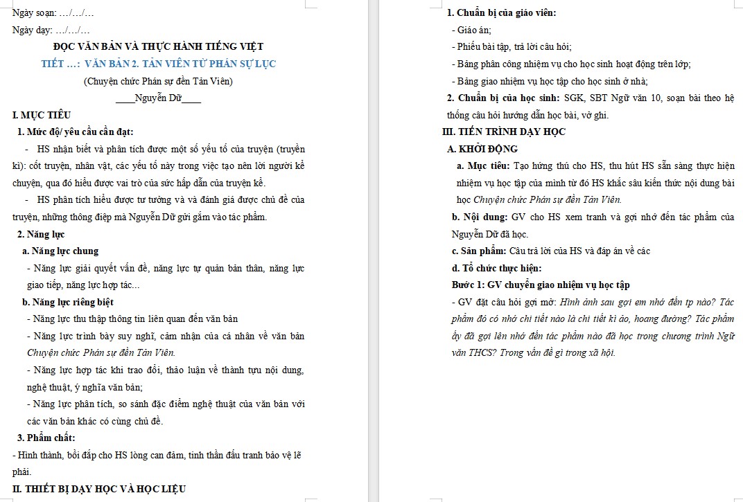 Giáo án Bài Tản Viên từ Phán sự lục Ngữ văn 10 KNTT