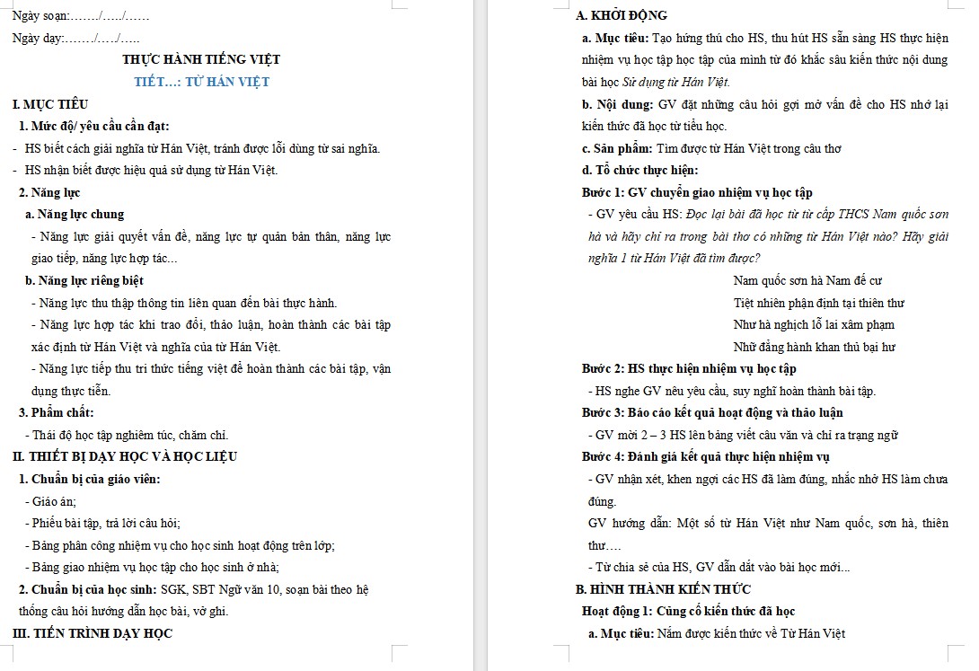 Giáo án Bài Thực hành tiếng việt trang 28 Ngữ văn 10 Kết nối tri thức