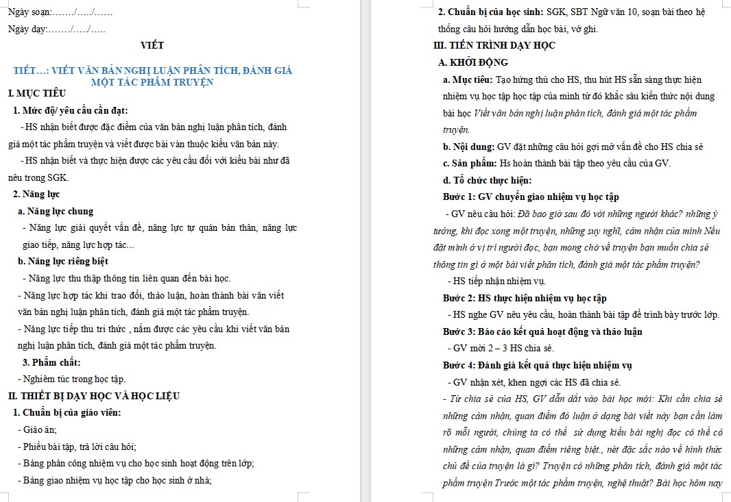 Giáo án Bài Viết văn bản nghị luận phân tích, đánh giá một tác phẩm truyện Ngữ văn 10 Kết nối tri thức
