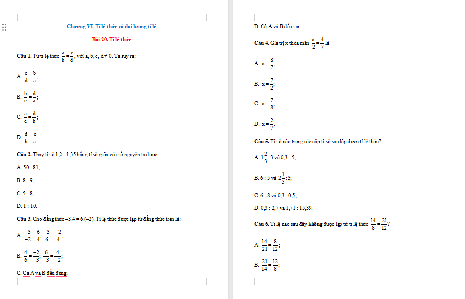Bài tập Toán 7 Bài 20: Tỉ lệ thức
