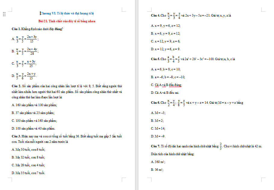 Bài tập Toán 7 Bài 21: Tính chất của dãy tỉ số bằng nhau 