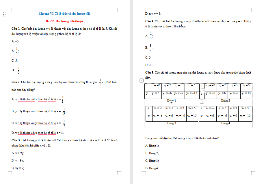 Bài tập Toán 7 Bài 22: Đại lượng tỉ lệ thuận 