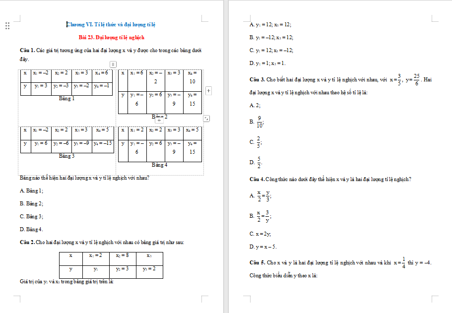 Bài tập Toán 7 Bài 23: Đại lượng tỉ lệ nghịch 
