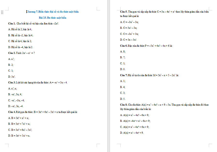 Bài tập Toán 7 Bài 25: Đa thức một biến 