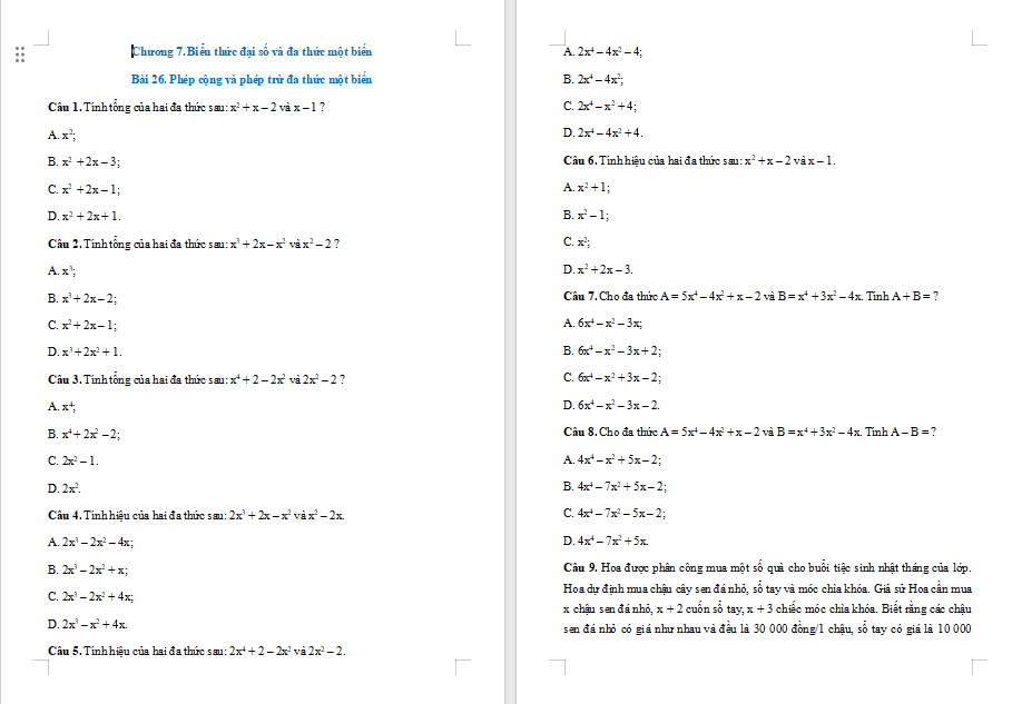 Bài tập Toán 7 Bài 26: Phép cộng và phép trừ đa thức một biến 
