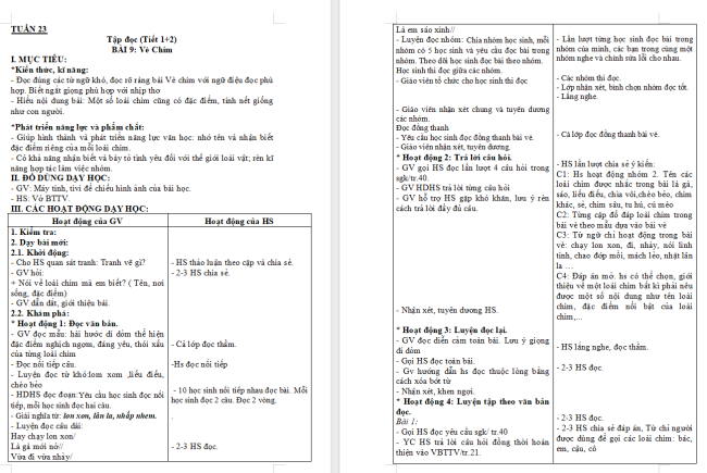 Giáo án Tiếng Việt 2 Bài 9: Vè chim