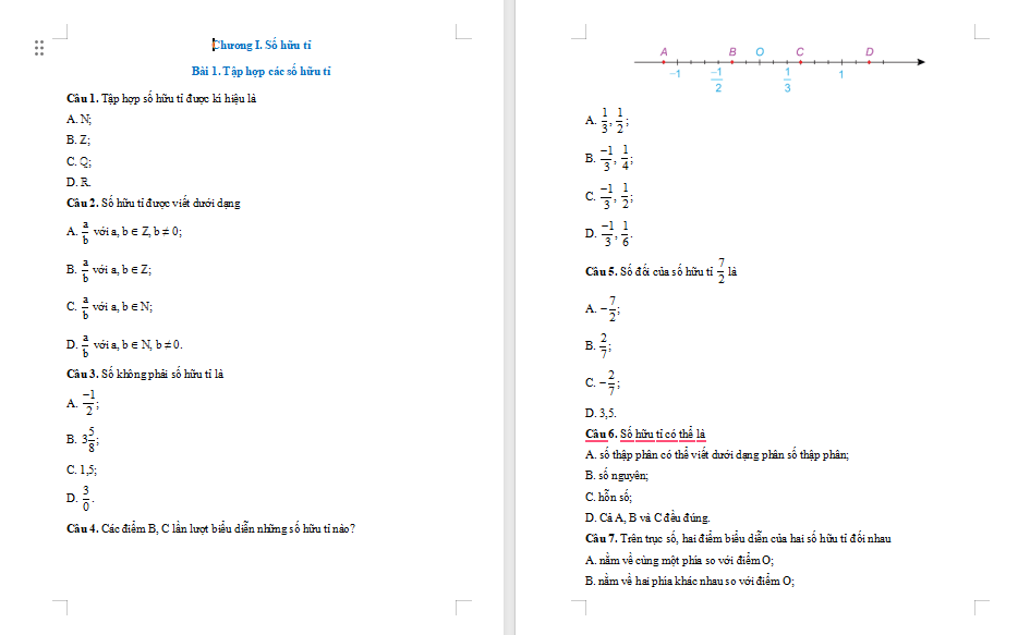 Bài tập Toán 7 Bài 1 Tập hợp các số hữu tỉ