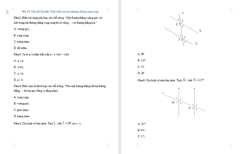 Bài tập Toán 7 Bài 10: Tiên đề Euclid Tính chất của hai đường thẳng song song