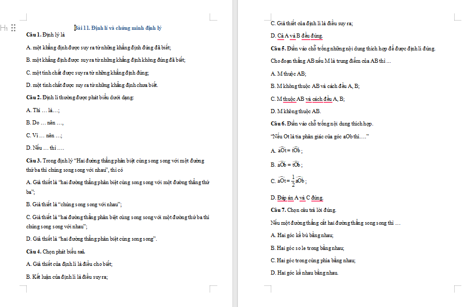 Bài tập Toán 7 Bài 11: Định lí và chứng minh định lí