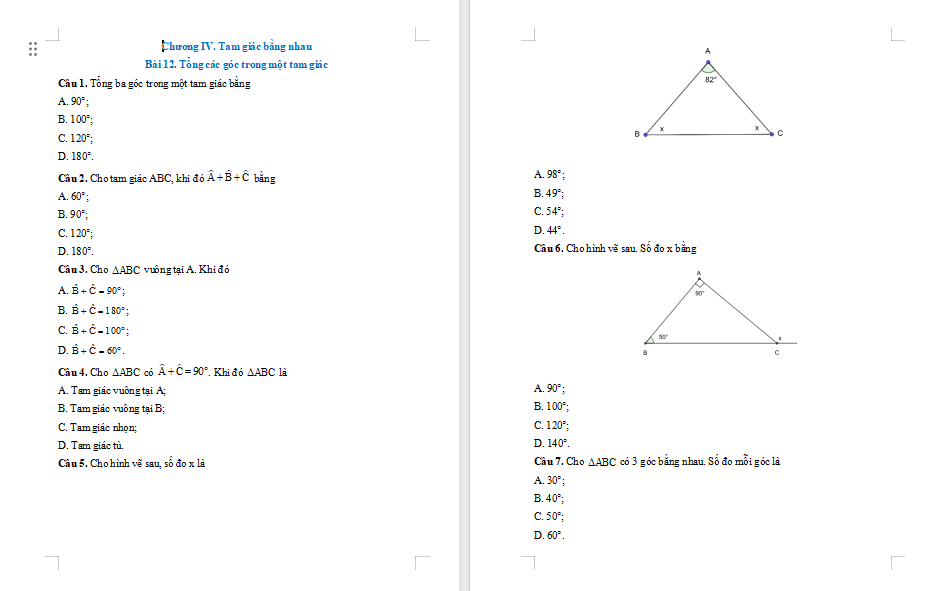 Bài tập Toán 7 Bài 12: Tổng các góc trong một tam giác