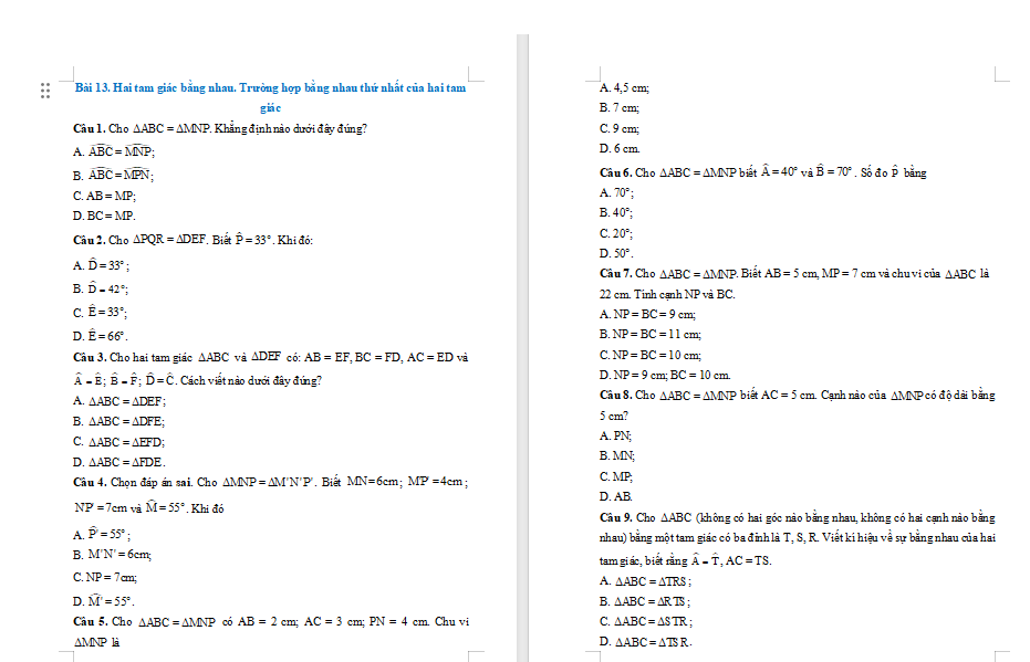 Bài tập Toán 7 Bài 13: Hai tam giác bằng nhau Trường hợp bằng nhau thứ nhất của tam giác