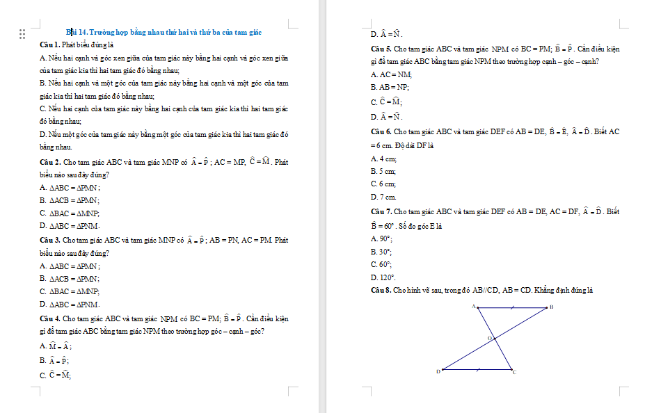 Bài tập Toán 7 Bài 14: Trường hợp bằng nhau thứ hai và thứ ba của tam giác
