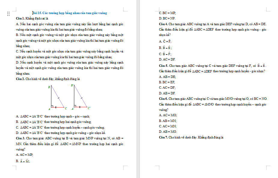 Bài tập Toán 7 Bài 15: Các trường hợp bằng nhau của tam giác vuông