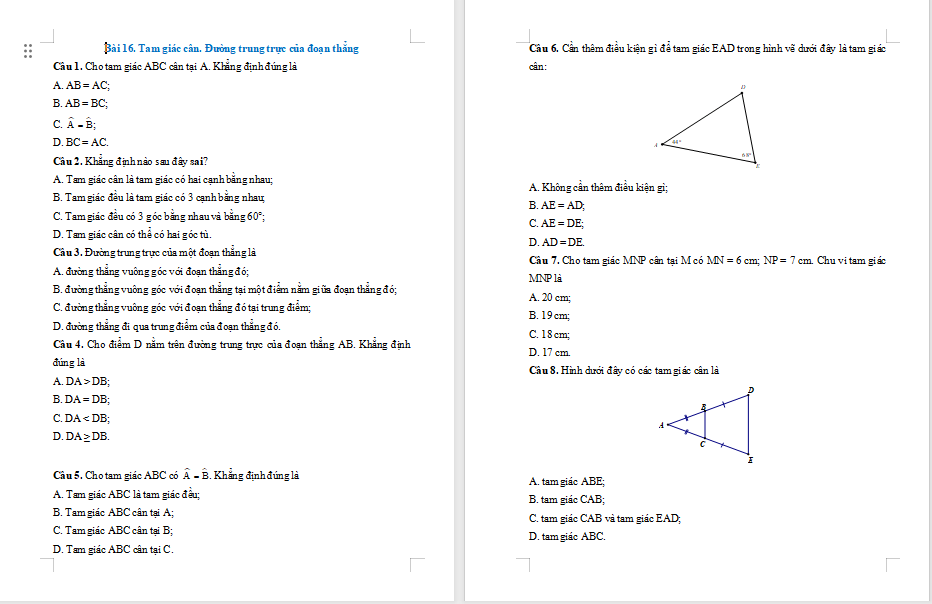 Bài tập Toán 7 Bài 16: Tam giác cân Đường trung trực của đoạn thẳng