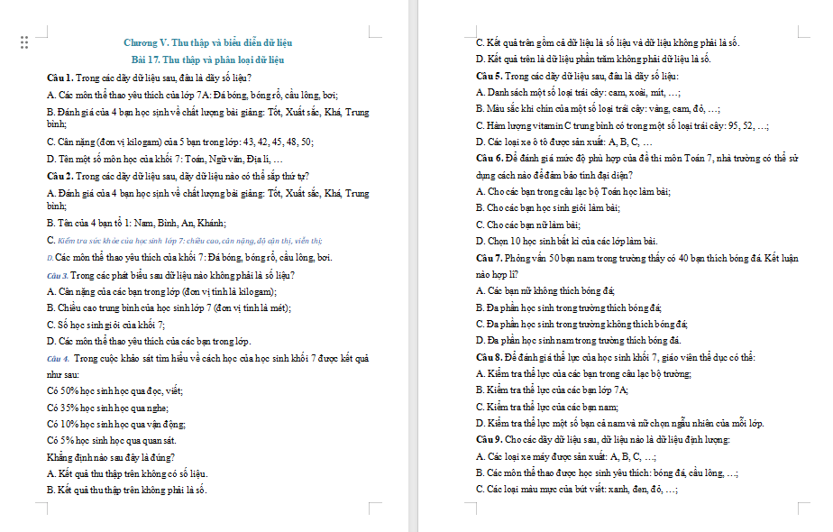 Bài tập Toán 7 Bài 17: Thu thập và phân loại dữ liệu