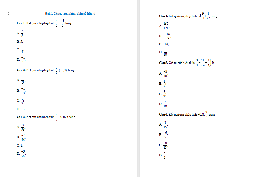 Bài tập Toán 7 Bài 2: Cộng trừ nhân chia số hữu tỉ