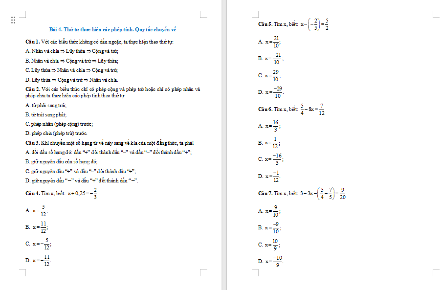 Bài tập Toán 7 Bài 4: Thứ tự thực hiện các phép tính Quy tắc chuyển vế