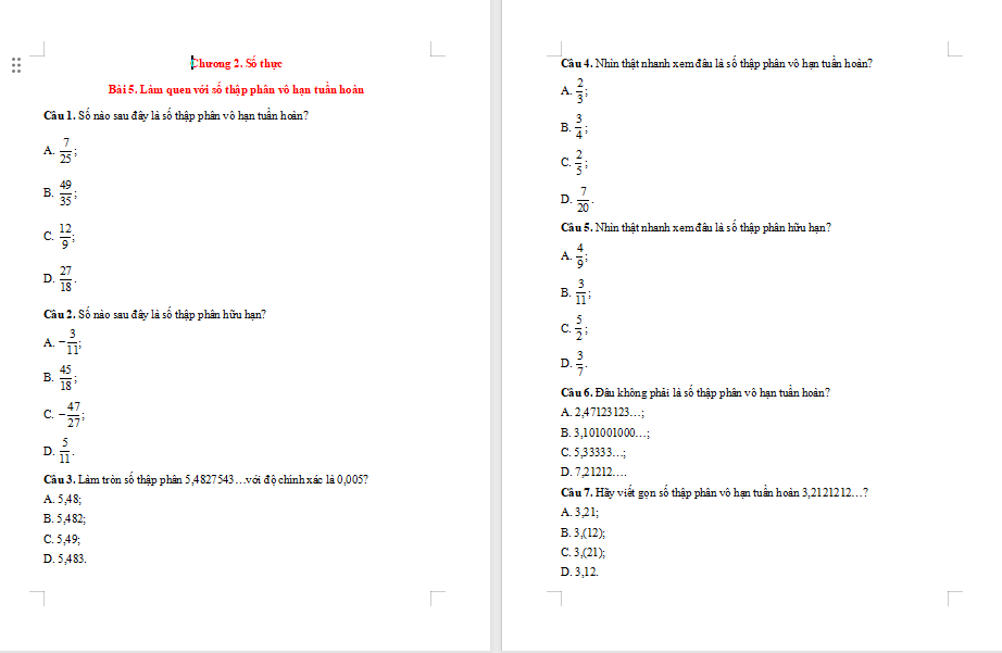 Bài tập Toán 7 Bài 5: Làm quen với số thập phân vô hạn tuần hoàn