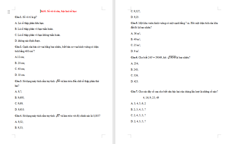 Bài tập Toán 7 Bài 6: Số vô tỉ Căn bậc hai số học