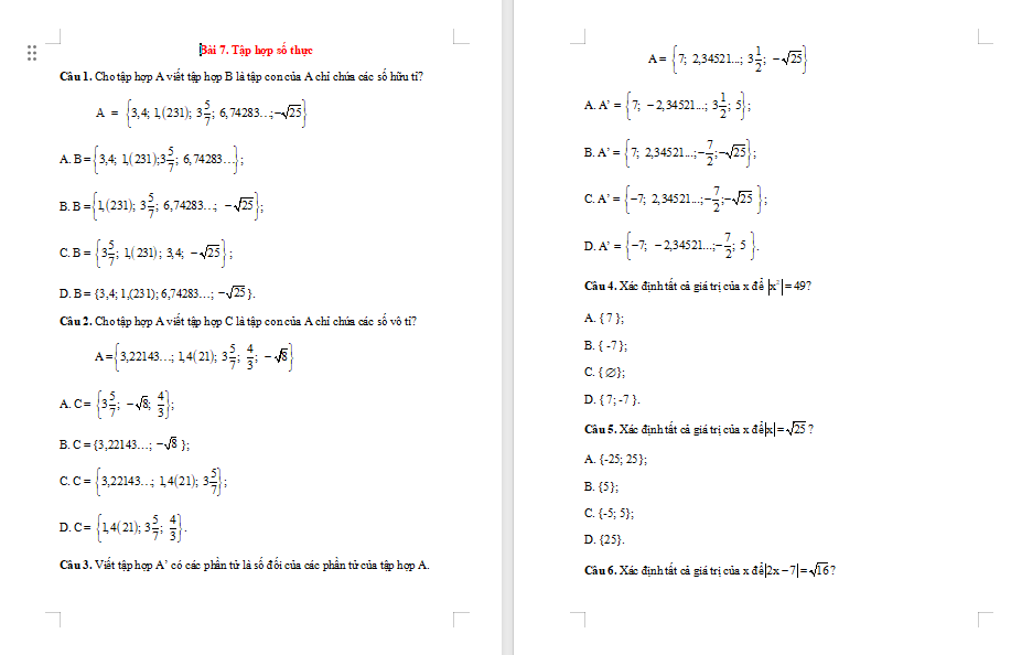 Bài tập Toán 7 Bài 7: Tập hợp các số thực