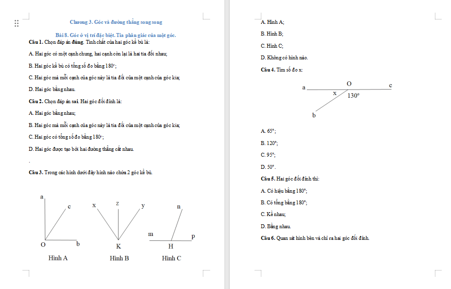 Bài tập Toán 7 Bài 8: Góc ở vị trí đặc biệt Tia phân giác của một góc