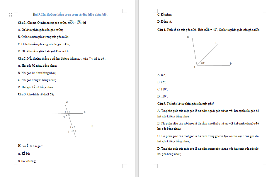 Bài tập Toán 7 Bài 9: Hai đường thẳng song song và dấu hiệu nhận biết