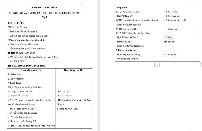 Giáo án Tiếng Việt 2 Bài 12: Mở rộng vốn từ về vật nuôi. Câu nêu đặc điểm của các loài vật