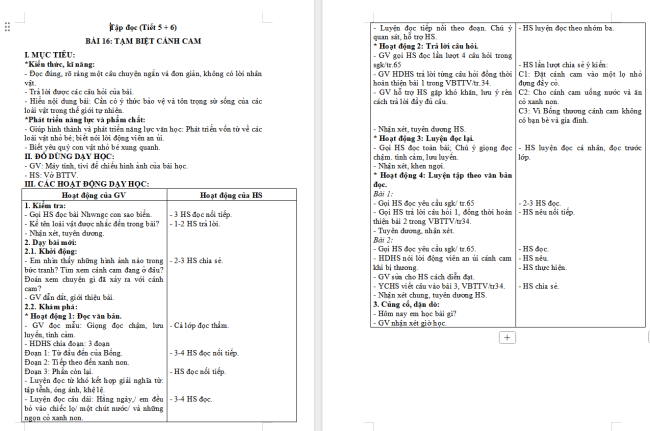 Giáo án Tiếng Việt 2 Bài 16: Tạm biệt cánh cam