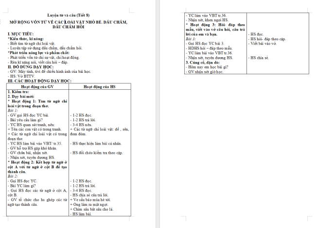 Giáo án Tiếng Việt 2 Bài 16: Mở rộng vốn từ về các loài vật nhỏ bé. Dấu chấm, dấu chấm hỏi