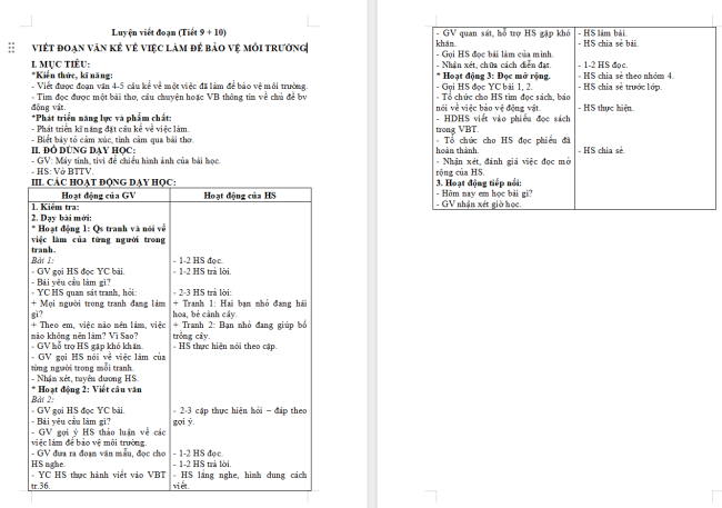 Giáo án Tiếng Việt 2 Bài 16: Viết đoạn văn kể về việc làm để bảo vệ môi trường. Đọc mở rộng