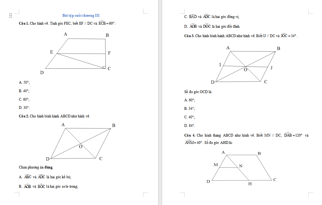 Trắc nghiệm Toán 7 Bài tập cuối chương 3