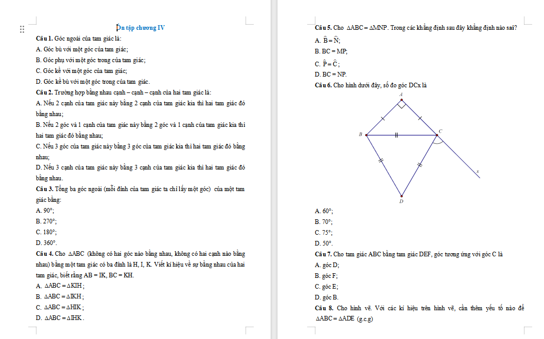 Trắc nghiệm Toán 7 Bài tập cuối chương 4