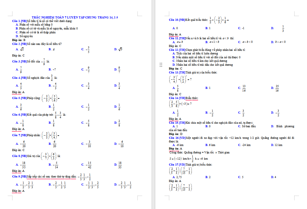 Bài tập Toán 7 Luyện tập chung trang 14