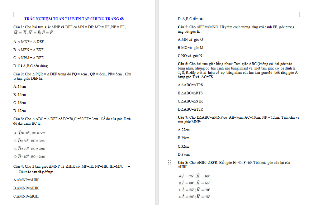 Bài tập Toán 7 Luyện tập chung trang 68