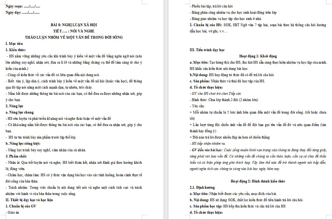 Giáo án Bài Thảo luận nhóm về một vấn đề trong đời sống Ngữ văn 7 Cánh Diều