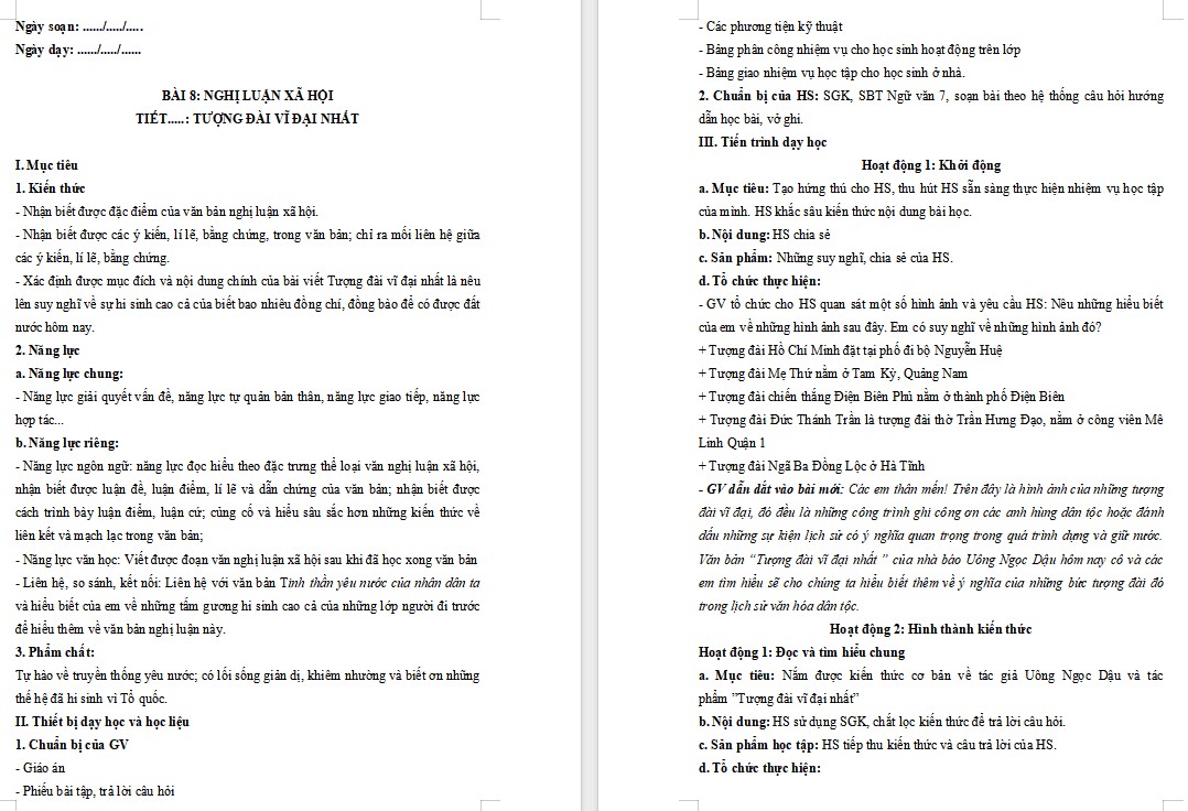 Giáo án Bài Tượng đài vĩ đại nhất Ngữ văn 7 Cánh Diều