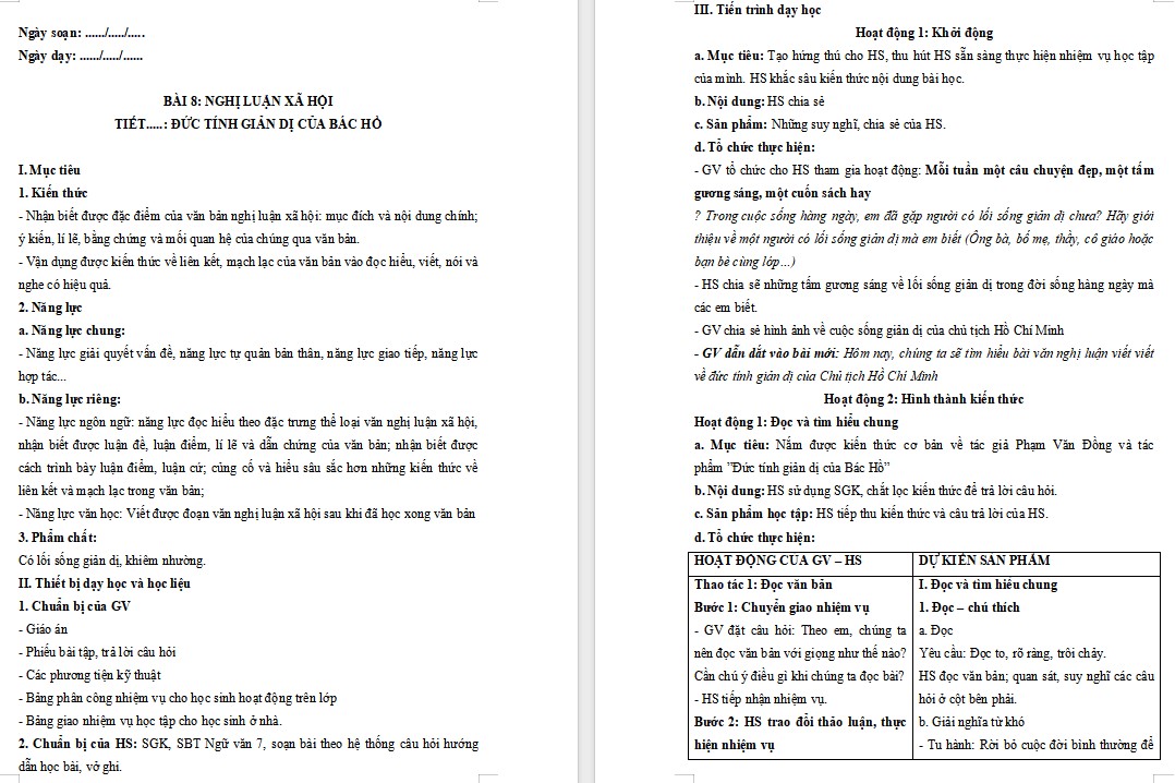 Giáo án Bài Đức tính giản dị của Bác Hồ Ngữ văn 7 Cánh Diều