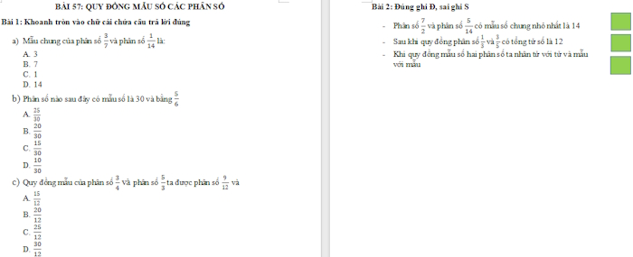 Trắc nghiệm Toán 4 Bài 57: Quy đồng mẫu số các phân số