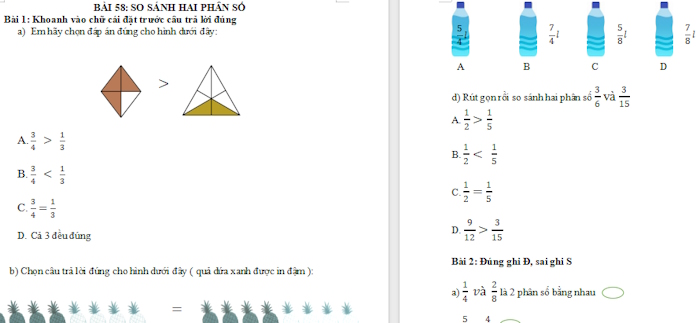 Trắc nghiệm Toán 4 Bài 58: So sánh phân số
