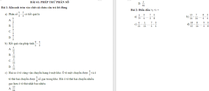 Trắc nghiệm Toán 4 Bài 61: Phép trừ phân số