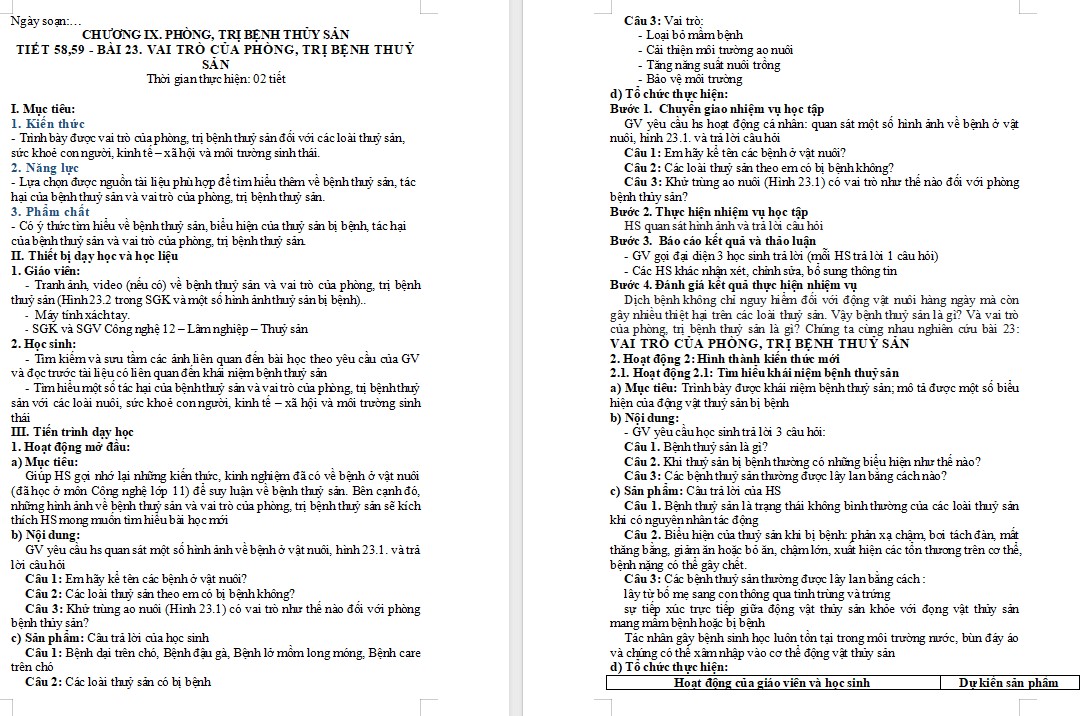 Kế hoạch bài dạy Công nghệ 12 KNTT Bài 23