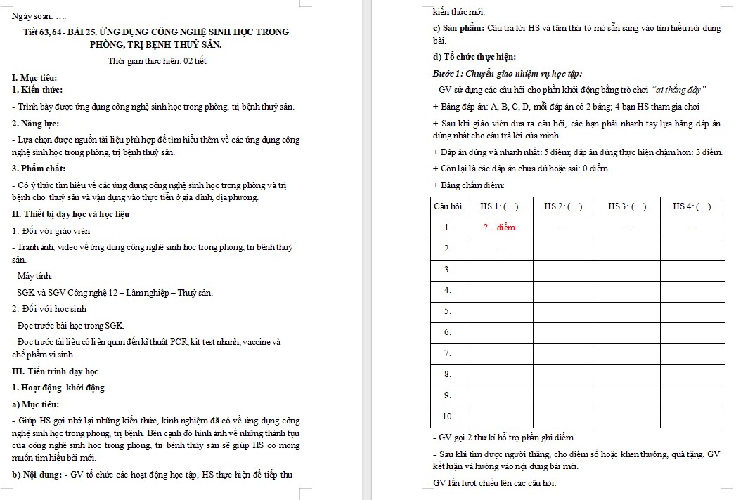 Kế hoạch bài dạy Công nghệ 12 KNTT Bài 25