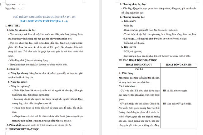 Giáo án Tiếng Việt 2 Bài 1: Đọc Khu vườn tuổi thơ