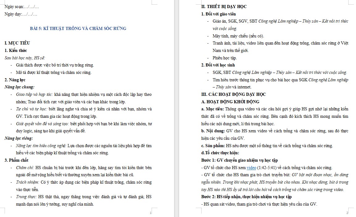 Kế hoạch bài dạy Công nghệ 12 KNTT Bài 5