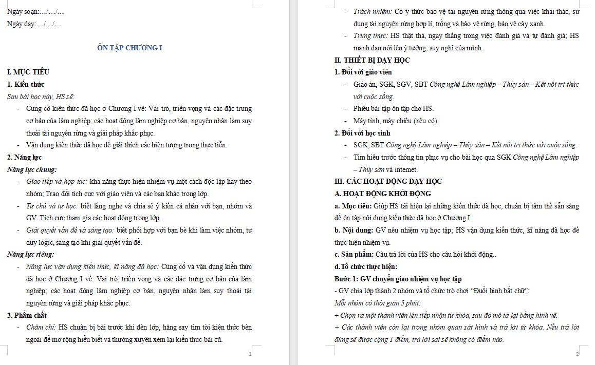 Kế hoạch bài dạy Bài Ôn tập chương 1 Công nghệ 12 KNTT