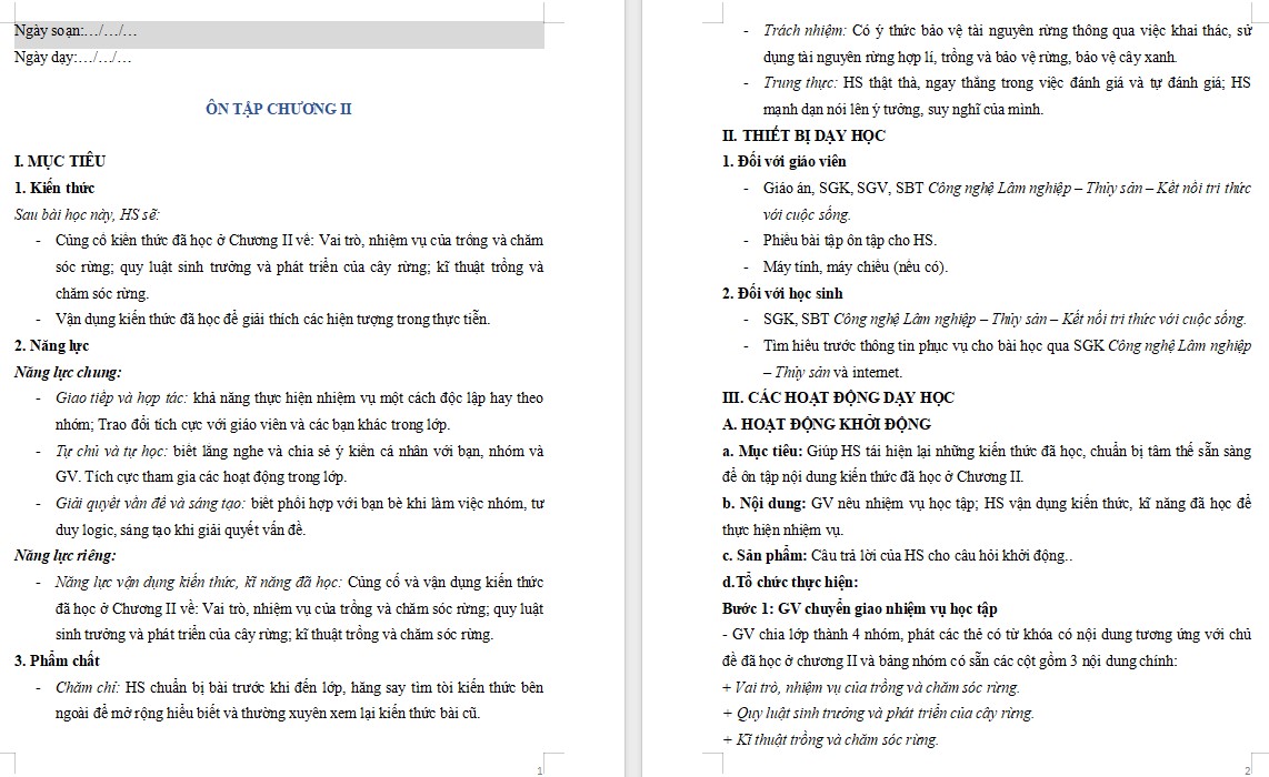 Kế hoạch bài dạy Bài Ôn tập chương 2 Công nghệ 12 KNTT